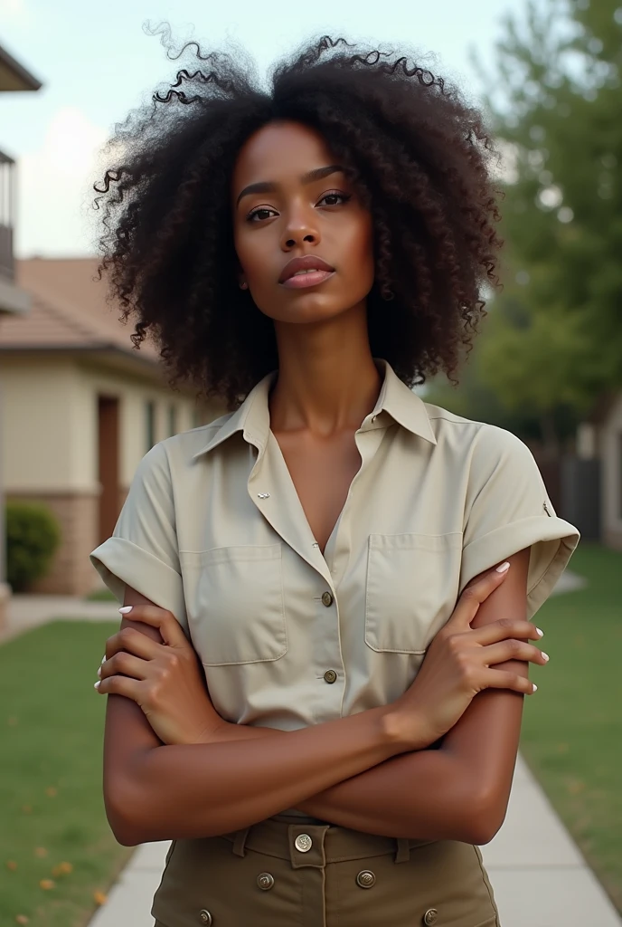 Create a young brown woman with light skin, social activist who lives in the suburbs, has big curly hair and is an empowered woman.
Who looks like a real person.