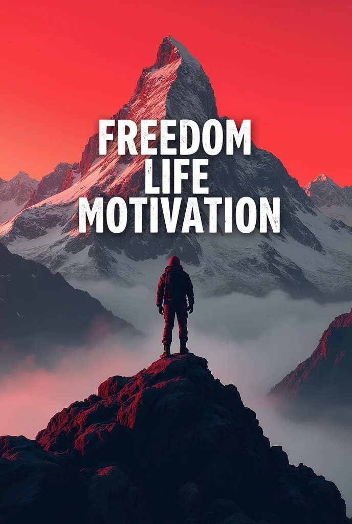 Use red and black colur. Use a hiker on a rop of mountain as the background picture. Enter the Name "Freedom Life Motivation" in big font.