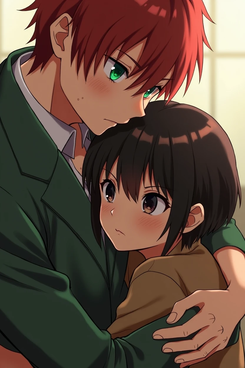 
2 people, Guy with red hair, green eyes, Freckles, hugs a woman with very short black hair, serious face, black eyes, anime art, realistically, masterpiece
