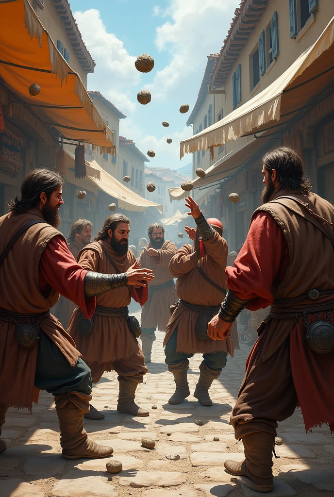 a group of medievel market guy throwing rocks