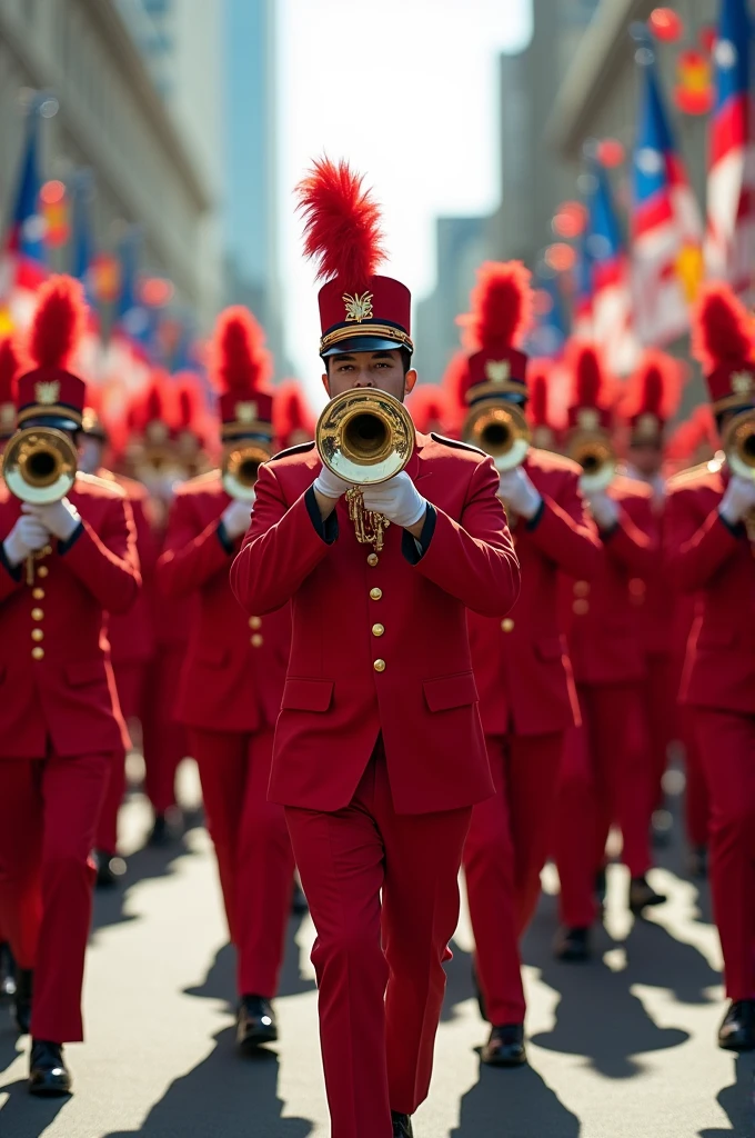 A marching band dressed in red