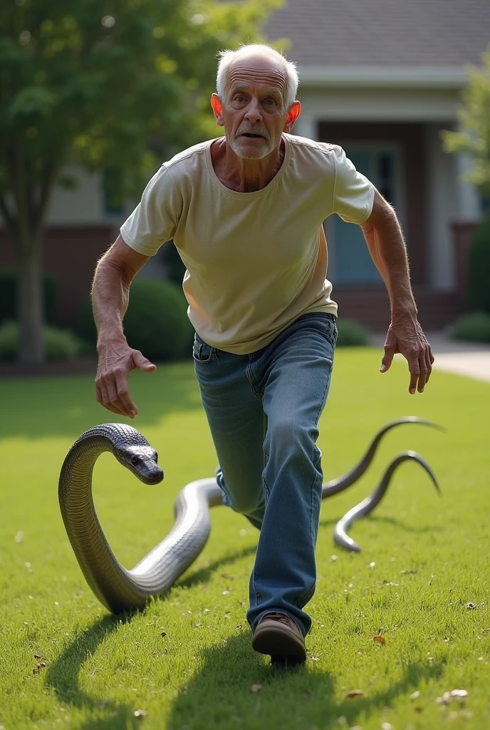 A weak man wearing a T-shirt and jeans chasing a snake