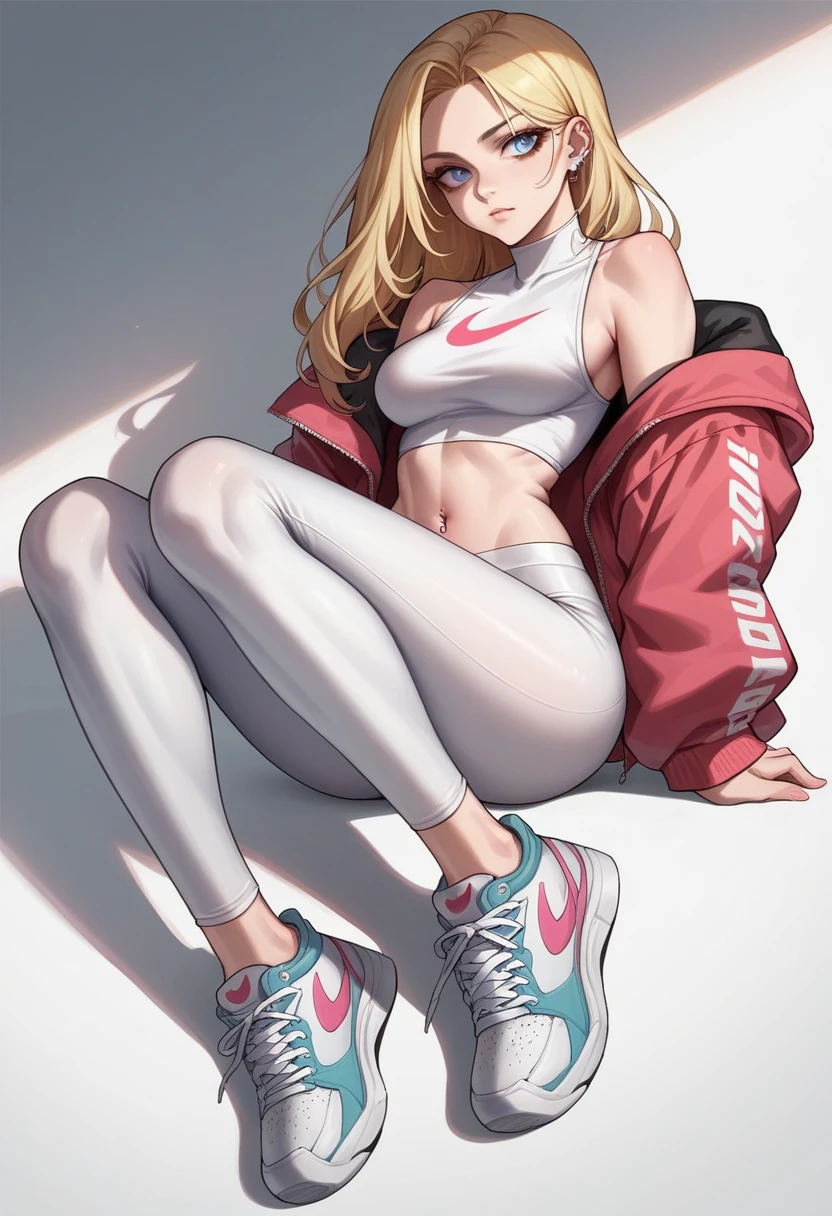 18 year old young woman, Russian, blonde, rosto angelical, shoulder length hair, blue colored eyes, medium breasts. She wears white leggings and a top showing her belly with a navel piercing.. Wear white and pink Nike Shox sneakers with leggings over the shoes.