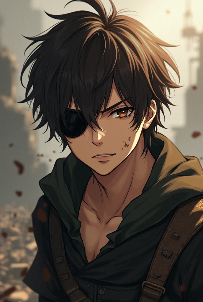 Anime guy with brown hair with an eyepatch and scars