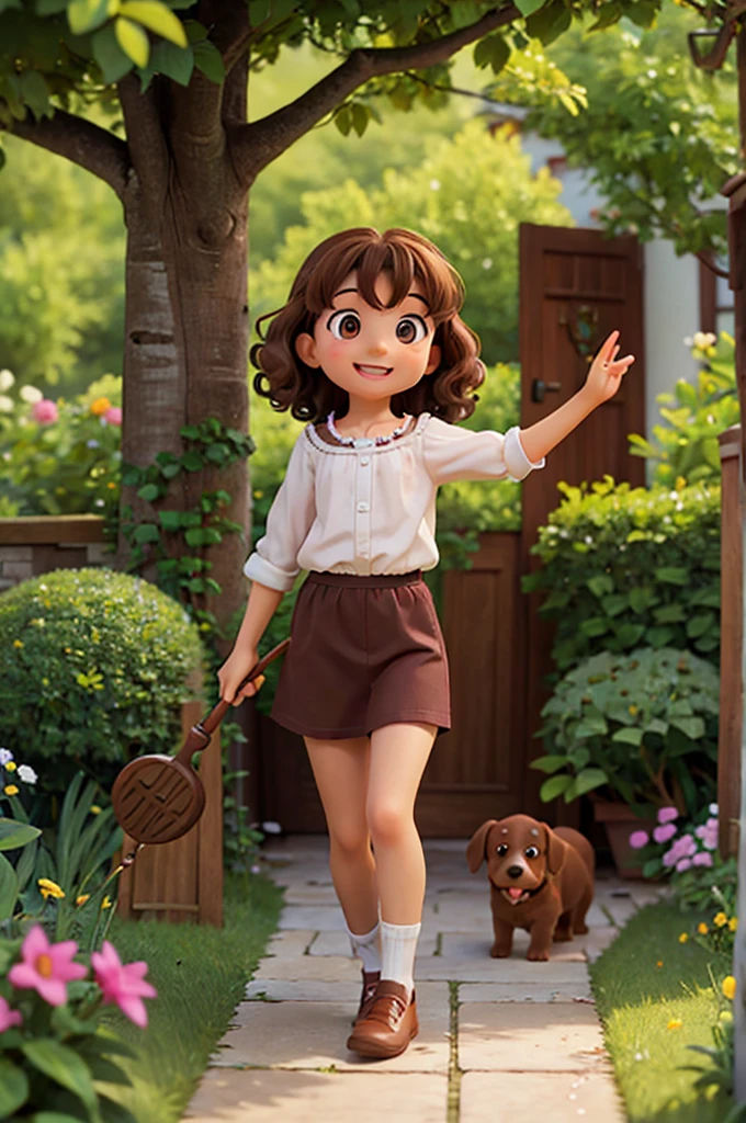 , 4 , shoulder-length curly brown hair, bright brown eyes, happy and smiling, very smart. in a garden with a secret door. and with her brown labrador dog.