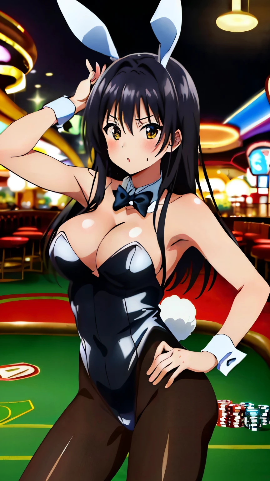 (masterpiece, Highest image quality, highest quality, 8k:1.3), (Anime Coloring:1.2), vivid color, Ultra-detailed, Yui, Black hair, Large medium breasts, (Bunny girl, Bunny ears, Black tights, Casino, Behind, Buttocks, Blush, Sleeveless), Standing, embarrassing, Dynamic angle, looking at the viewer, cowboy shot,