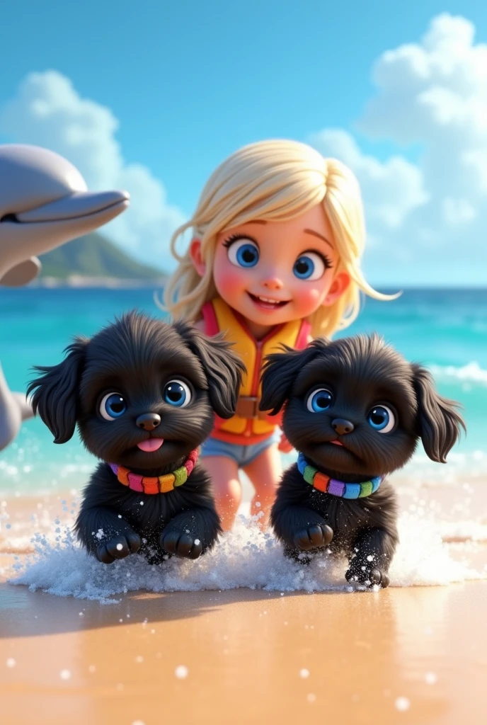 cute adorable 2 black shih tzu puppies, cute blonde girl, extremely detailed, big blue eyes, wearing colorful collar and life jacket, playing with dolphin, 3D Pixar style, at beach, photorealistic, (best quality,8k,highres,masterpiece:1.2),ultra-detailed,(realistic:1.37),HDR,vivid colors,studio lighting