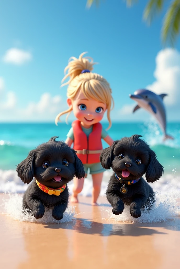 cute adorable 2 black shih tzu puppies, cute blonde girl, extremely detailed, big blue eyes, wearing colorful collar and life jacket, playing with dolphin, 3D Pixar style, at beach, photorealistic, (best quality,8k,highres,masterpiece:1.2),ultra-detailed,(realistic:1.37),HDR,vivid colors,studio lighting