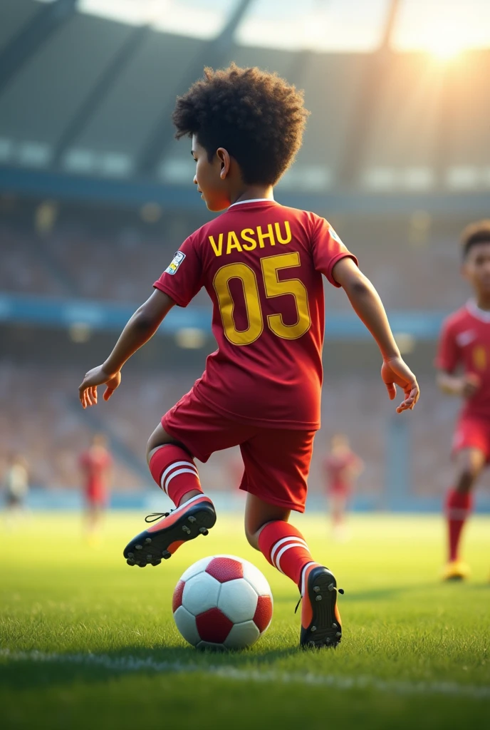 Footballer boy age of 14
whose name is Vashu and gersy no is 05 from back side and his skin tone is colour is like Indian