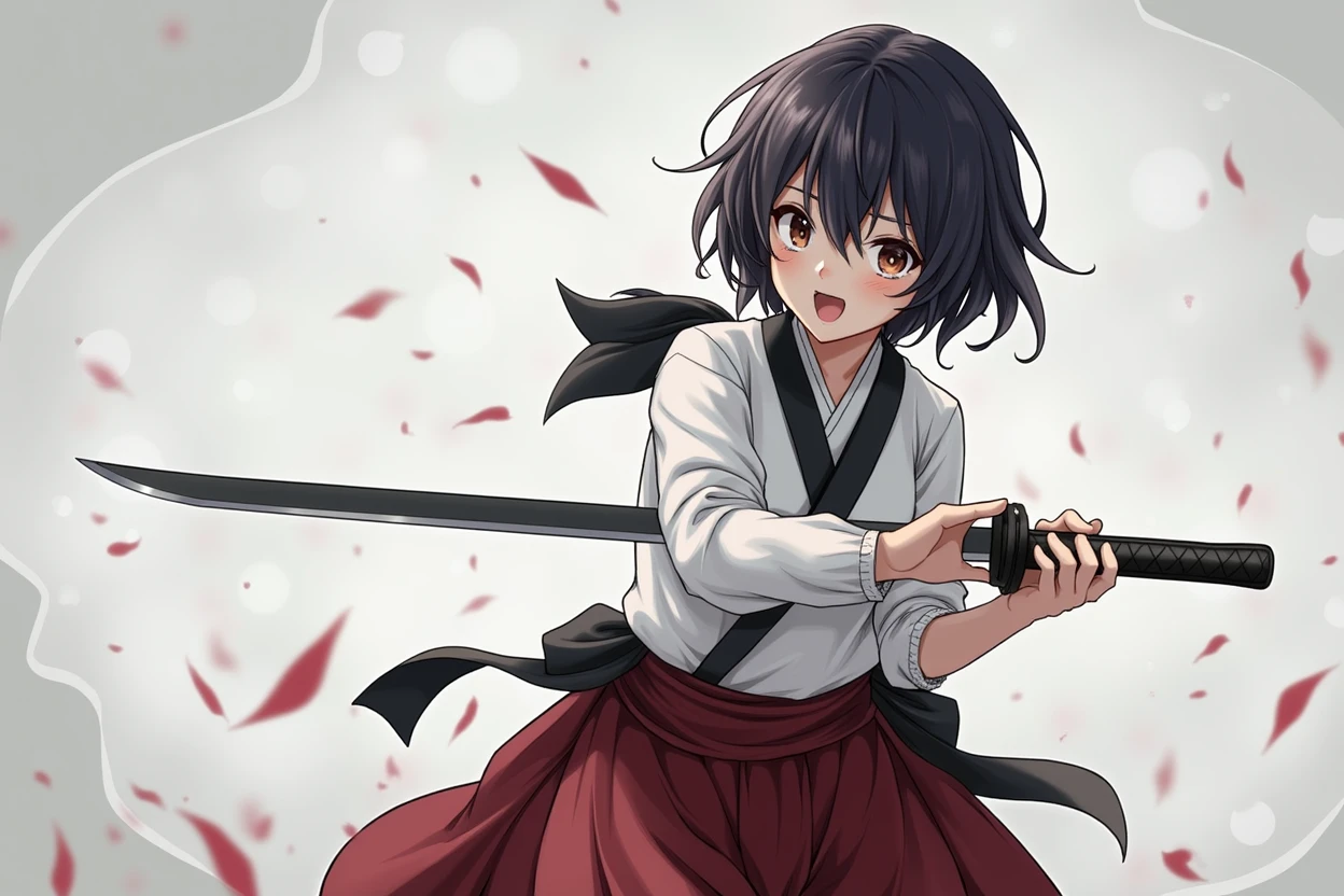 ((masterpiece, Highest quality; 1.3)), ((Dark Skin)), ((Brown skin)), Highest quality, Beautiful details, Very detailed, Ultra-fine, 16K, Exquisite, disorganized person, High resolution, Beautiful background, Detailed Background, Beautiful Eyes, Beautiful Skin, Anime Style, Real Stick, Very detailed, Very detailed, Detailed Lora,High resolution, Detailed face, Perfect Face, fine grain, Perfect Eyes, Expressive eyes, Perfect Anatomy, (Annie キックing the audience), 1 person, alone, Please open your mouth wide, Annie, short hair, Fluttering Hair, Black Hair, iris, White haori、Red Hakama、knife、抜knife