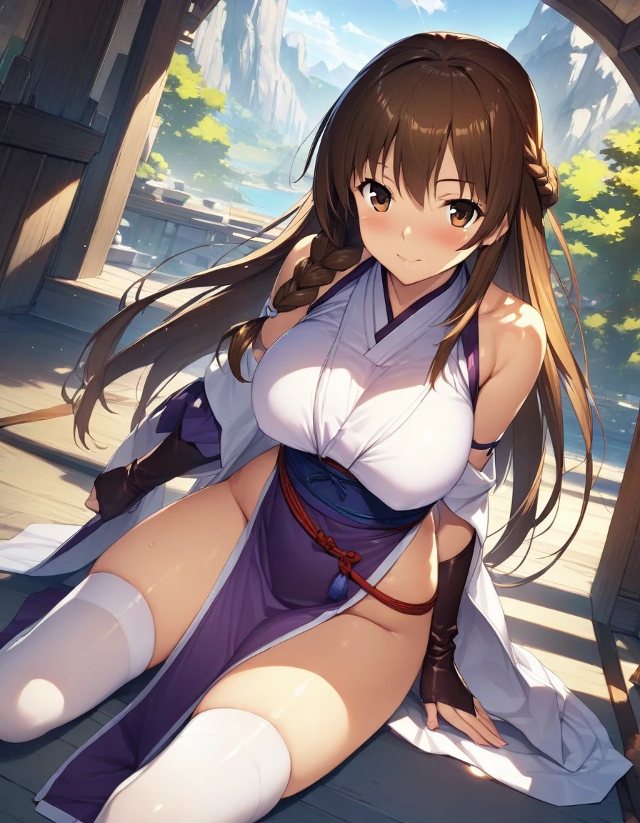 (masterpiece),(Highest quality),(Very detailed),(Best illustrations),(Best Shadow),(Absurd),(Detailed Background),(so beautiful), One girl, alone, Kasumi(QG), pelvic curtain, brown eyes, brown hair, thighhighs, long hair, braid, large breasts, white thighhighs,