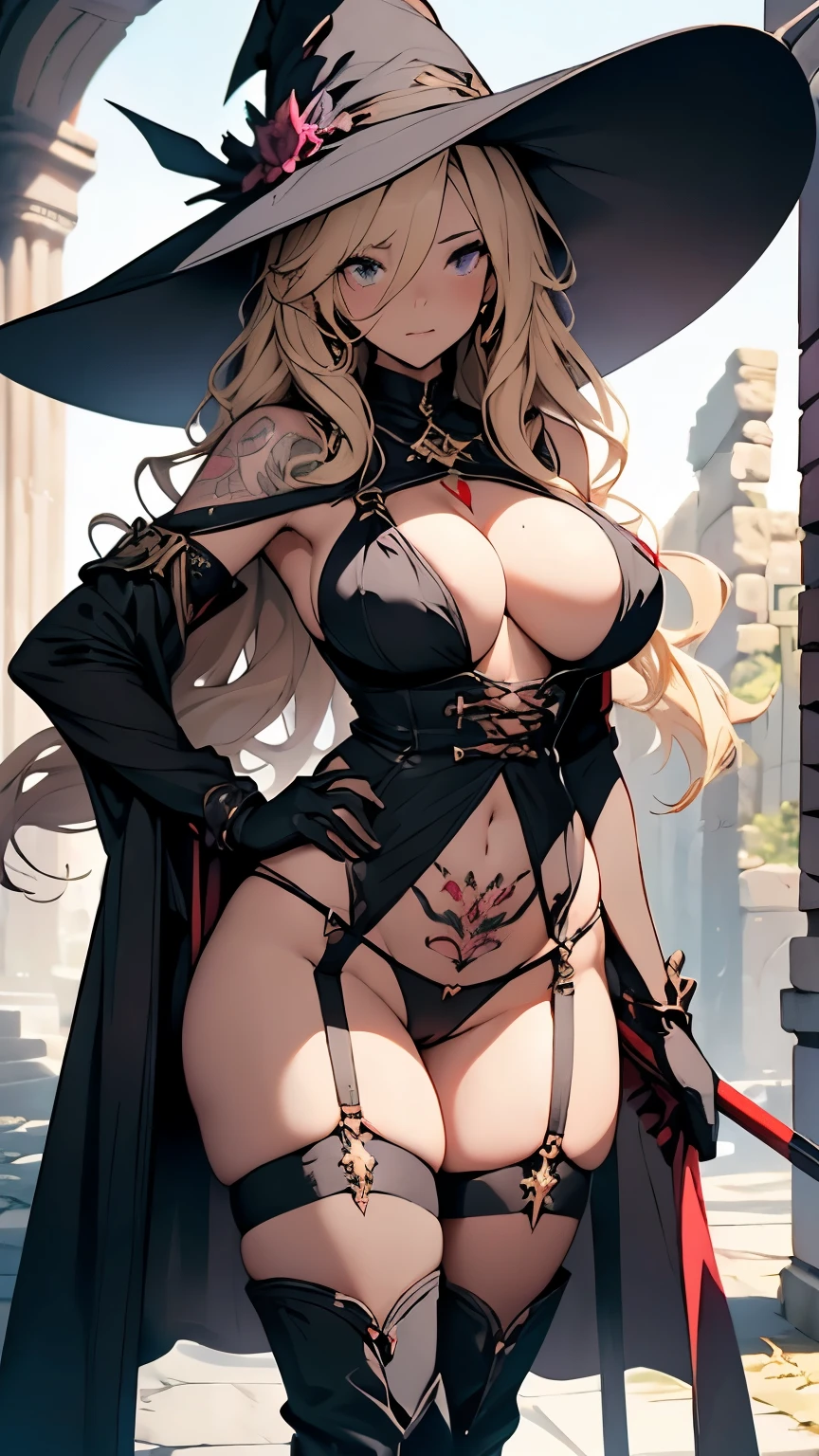 (Holding a huge long staff)、(Witch Hat、Blonde wavy hair)、((Purple sexy lingerie)、(Black garter belt、Black knee-high socks、Black Gloves、Black boots、gold and jewel decoration)、((Huge breasts)、Underboob、Sideboob、Huge areola、Thick Puffy Nipples)、(glamorous、Absolute area、Camel toe、Thick thighs、Wide Hips、curve、Plump)、(Revealing outfit、NSFW)、(A large heart tattoo glowing red on the groin)、Shooting from below、(Evil ancient ruins)、(Bitch、Lewd、Slut、Prostitute)