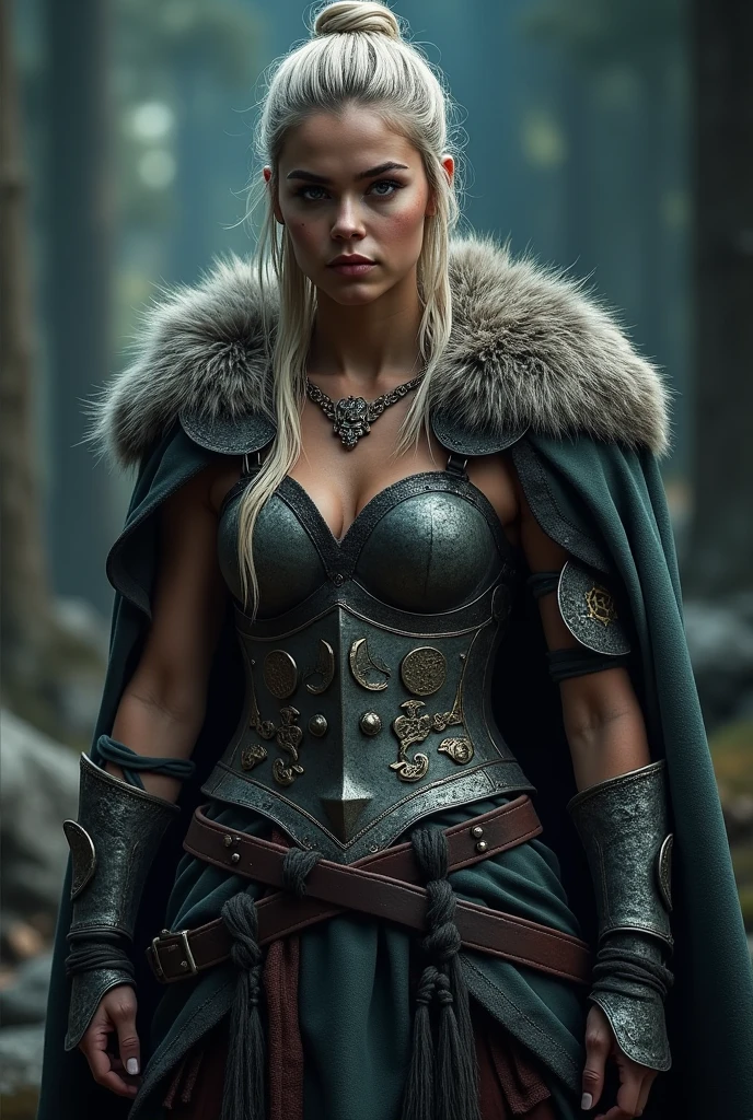a young viking warrior woman, strong muscular build, wearing iron armor and fur cloak, holding a battle axe, fierce expression, glowing runes on her armor, dramatic lighting, cinematic composition, hyperrealistic, detailed facial features, intricate textures, dramatic colors, moody atmosphere, fantasy art