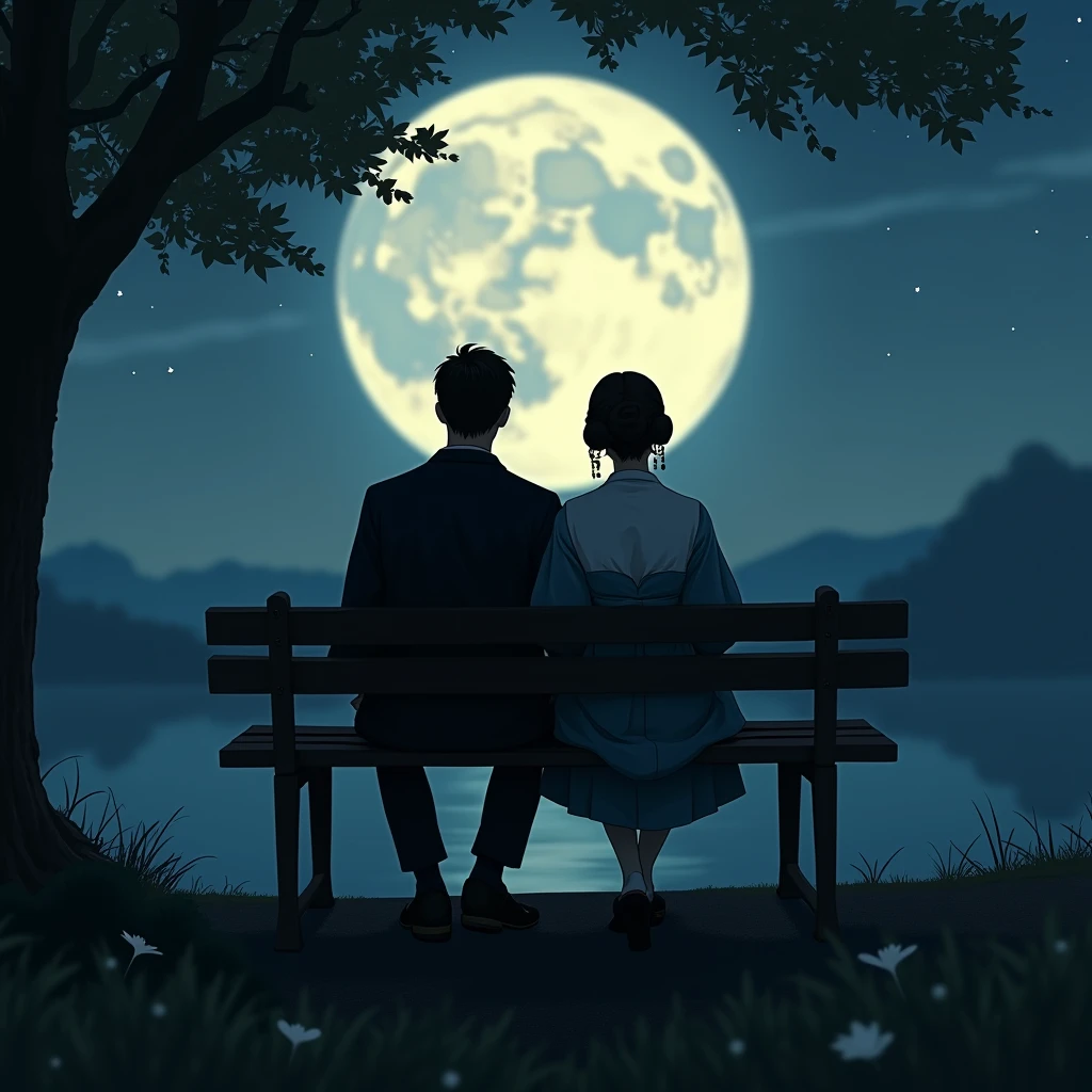 (((Back view of a man and a woman sitting on a bench:1.5)))、Highest quality、masterpiece、Takuboku Ishikawa、I hate the moon、Meiji period of Japan、Wabi-sabi art、Beautiful landscape photograph、night、Night Time、(((Two people sitting on a bench in a park at night:1.2、Two people sitting on a bench)))、(((Back view of man and woman、Two people sitting close together)))、Back view、Beautiful Back view、Back view、dark、full moonのnight、full moon、Night bench、Meiji era costumes、Taisho Romance、Back view of two people、Long Shot、Full body angle、Dark lighting、moonlight、