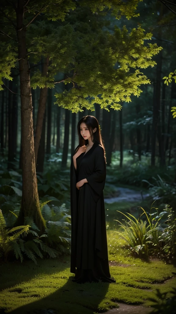 Quiet night scene in the deep forest, A beautiful witch stands in the middle. The witch is in simple, Wearing an elegant dark robe with long sleeves, Harmonizes with the natural environment. Her expression is serene and contemplative, Conveying quiet power and wisdom. The forest is bathed in soft light, Tall Tree々Through filtered, fantastical moonlight, Slender tree々, Mossy groundに優しい影を落とす. The atmosphere is peaceful and restrained, Focusing on the quiet beauty of the night. The scene is mysterious and serene atmosphere., Seamlessly blending into the starry sky environment."

Additional parameters:

style: Realistic, Mood lighting
Lighting: Soft moonlight, Subtle Shadows

Color: Dark tones, natural shades
Composition: The witch is positioned in the center, Tall Tree in the background々There is、Soft light accentuates her figure
Environment: Dense forest at night, Mossy ground, Serene atmosphere