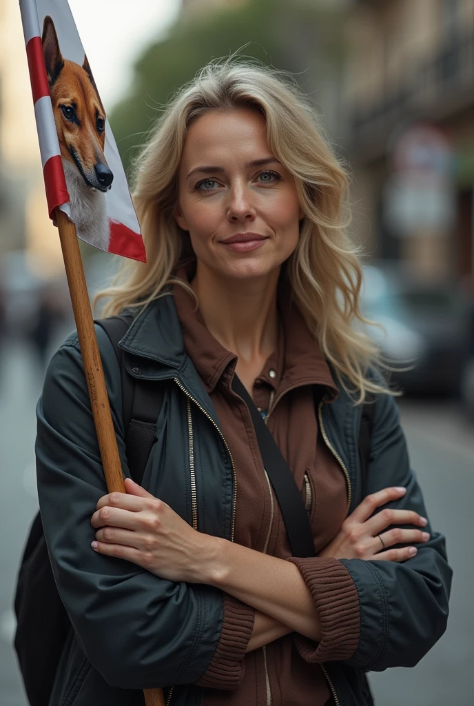 A white adult woman, an animal rights activist, with a dog flag 