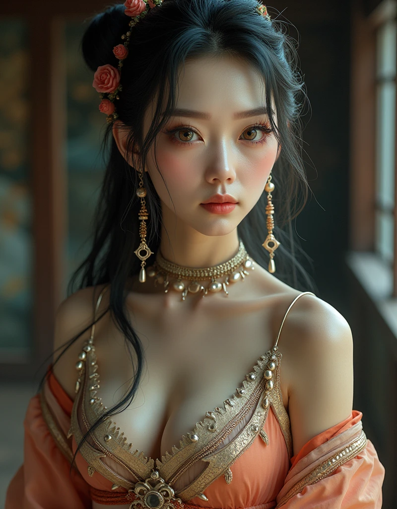 High resolution,4K,High resolution,One person, photoRealistic, Realistic,Sweaty skin, Thin face,Yangmi,Heavy makeup, Are standing,(((Half Body))), Medium chest,Earrings ,   