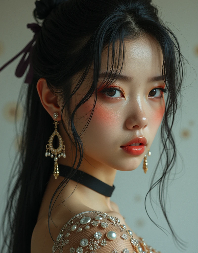 High resolution,4K,High resolution,One person, photoRealistic, Realistic,Sweaty skin, Thin face,Yangmi,Heavy makeup, Are standing,(((Half Body))), Medium chest,Earrings ,