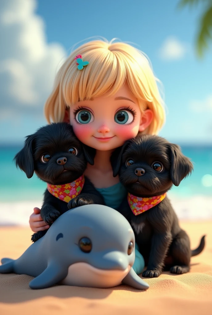 cute adorable 2 black shih tzu puppies, cute blonde girl, extremely detailed, big blue eyes, wearing colorful collar and bandana, sitting on cute dolphin, 3D Pixar style, at beach, photorealistic, (best quality,8k,highres,masterpiece:1.2),ultra-detailed,(realistic:1.37),HDR,vivid colors,studio lighting