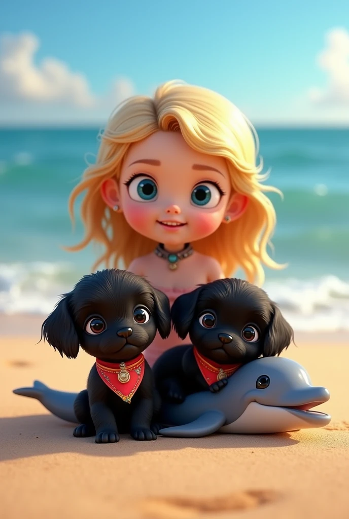 cute adorable 2 black shih tzu puppies, cute blonde girl, extremely detailed, big blue eyes, wearing colorful collar and bandana, sitting on cute dolphin, 3D Pixar style, at beach, photorealistic, (best quality,8k,highres,masterpiece:1.2),ultra-detailed,(realistic:1.37),HDR,vivid colors,studio lighting