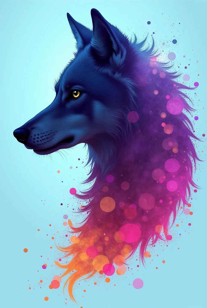 Generate an image of a wolf silhouette, only the head, with sky blue colors., purple, fuchsia, light pink, orange, yellow and the black tip of the nose on the left side, mosaic