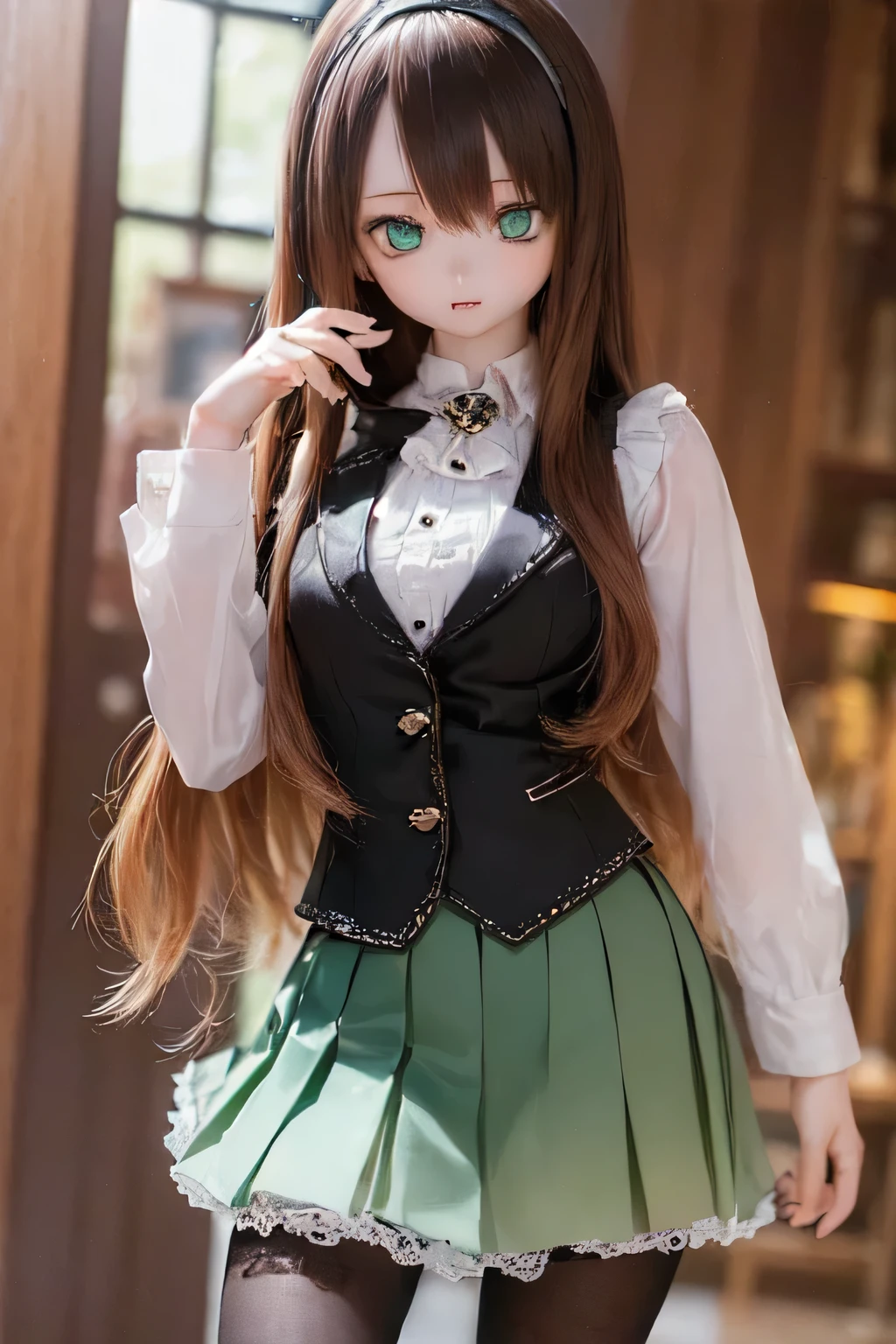 (SFW:2), photorealistic, realistic photo, 8k, ((highest quality)), ((masterpiece)), (extremely detailed), kukolnydom, doll, (mature woman, 21yo, 21 years old, solo:1.6), ((cowboy shot, contrapposto, slim, slender, skinny, medium breasts, hairband, ascot, vest, dress shirt, pleated skirt, black pantyhose)), (green eyes, brown hair, long hair, plastic skin, looking at another, glass eyes, gradient eyes, shining eyes, detailed eyes:1.3)