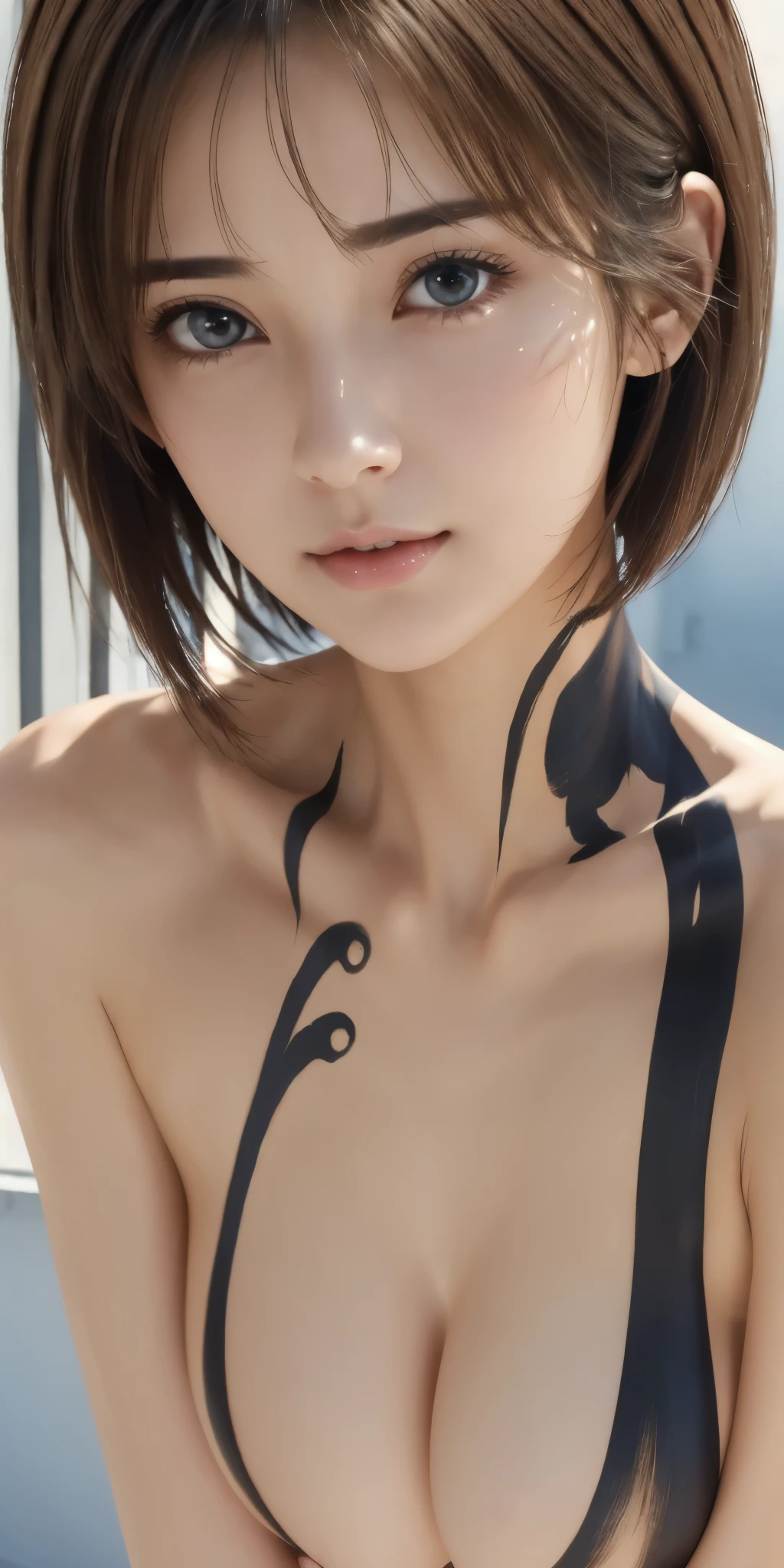 Realistic、Highest quality、Highest quality、masterpiece、Ultra-high resolution、RAW Photos、Realistic、Bright lighting、Face Light、Smooth Professional Lighting、Looking into the camera、alone、Mature Woman、Adult female、Beautiful woman、Super Beauty、Realistic肌、Moisturized Skin、Realistic eyes and faces、Perfect model body shape、Beautiful Eyes、Big eyes、Inconspicuous tear bags、inconspicuous clavicle、slim、Big Breasts、No bra、No makeup、Camel Toe、Very short hair、Black Hair、black eye、The ears are hidden by the hair、(((裸に水着のBody Paint)))、Atelier、progressive、Completely naked、Body Paint、art、