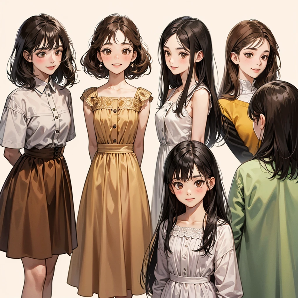 four girls, black hair, long hair, shill, Bob, smile, Still face,Light blush on the cheeks, brown eyes, simple background, high resolution, brown hair, Stand in line., 