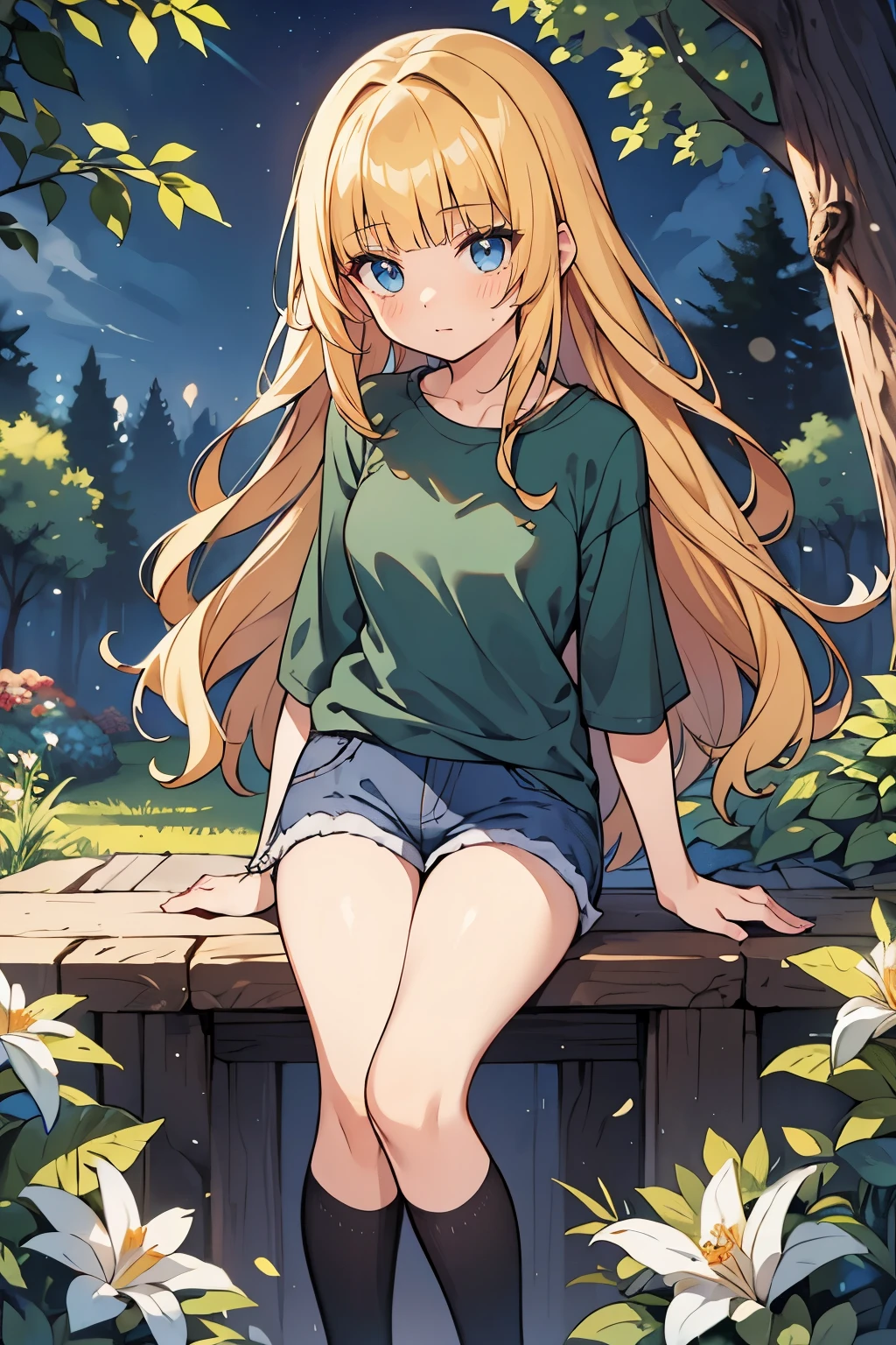masterpiece, solo girl, (young female body:1.4), (medium small breasts), flustered, yellow golden hair, extra gold long hair, thick wavy hair, hime cut, blunt bangs, crystal blue eyes, light blue detailed eyes, black boy shorts, long linen shorts, dark green tshirt, short sleeves, forest green shirt, night time, trees and flowers and bushes, town park, knee high socks