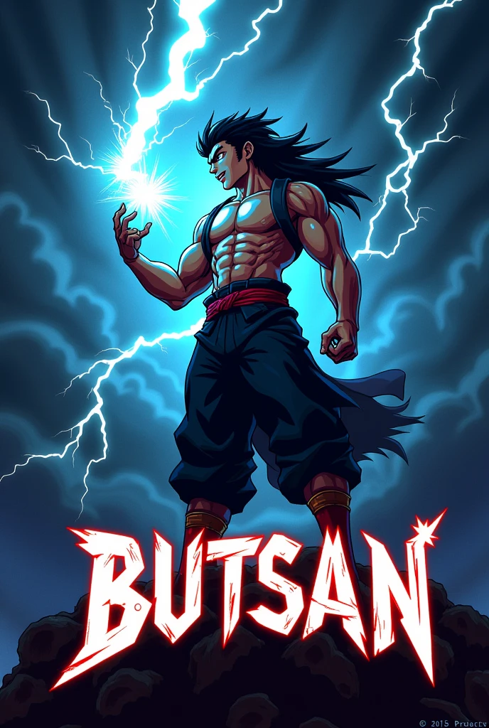 generate logo with character giyo tomioka lightning and name BUTSAN