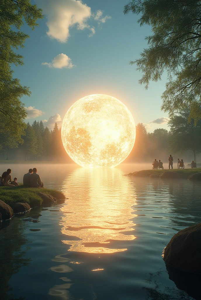 Imagine a perfect sunny day with clear skies and trees swaying gently. While people are outdoors enjoying the weather, a tranquil lake reflects the sunlight. however, In the middle of the afternoon, a luminous sphere appears unexpectedly over the lake. Its light shines intensely, creating a magical contrast with the daytime environment. As the sphere floats and moves in intriguing patterns, visitors are captivated and intrigued, watching as this supernatural manifestation transforms the ordinary into something extraordinary. Write in the middle "Beyond the normal"