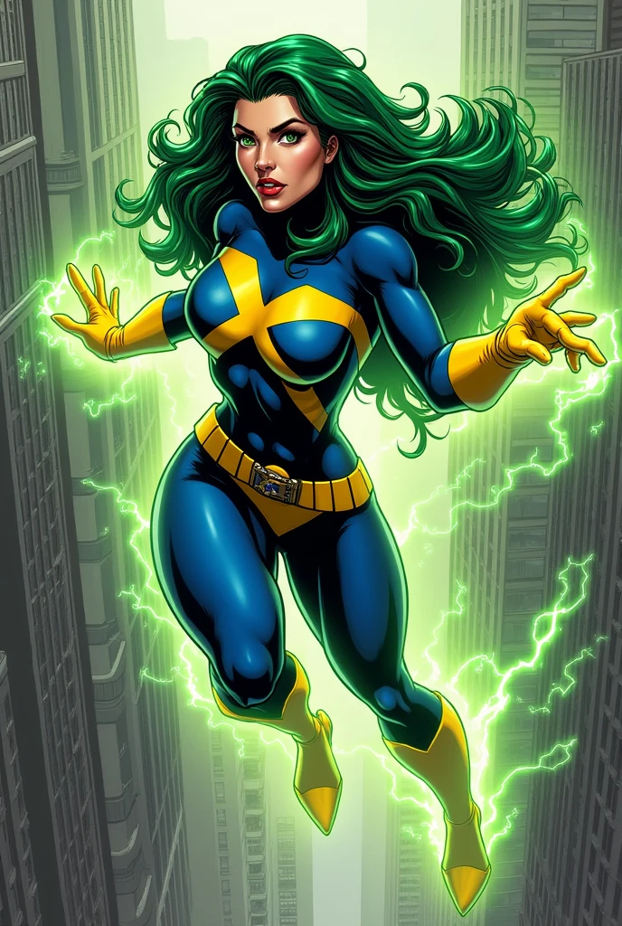 Lorna Dane, polaris x-men, (profile side:1.4), (green thick wavy long hair:1.4), (busty breast:1.4), wearing a blue costume, big yellow "x" in the chest, with yellow xmen belt, yellow glowes, yellow boots, flying in New York city, (she's using her green power:1.3), (comic style:1.4)