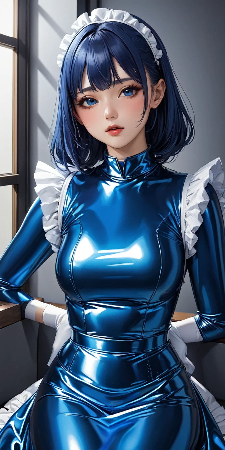 Portraiture、(masterpiece,Highest quality,Ultra-high resolution),Japanese women, (((Very beautiful 25 year old girl))),(Metallic light blue latex maid outfit)、(Metallic light blue latex long skirt)、(A long-sleeved metallic light blue latex shirt covering the upper body)、Metallic light blue latex gloves、Metallic light blue latex socketallic light blue latex bodysuit、Frills、The clothes fit snugly to the body、Latex is very shiny、Dark Room、