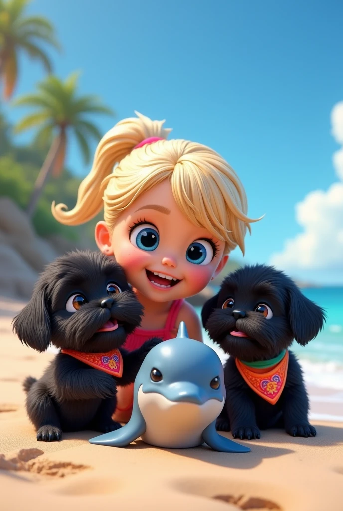 cute adorable 2 black shih tzu puppies, cute blonde girl, extremely detailed, big blue eyes, wearing colorful collar and bandana, playing with cute dolphin, 3D Pixar style, at beach, photorealistic, (best quality,8k,highres,masterpiece:1.2),ultra-detailed,(realistic:1.37),HDR,vivid colors,studio lighting