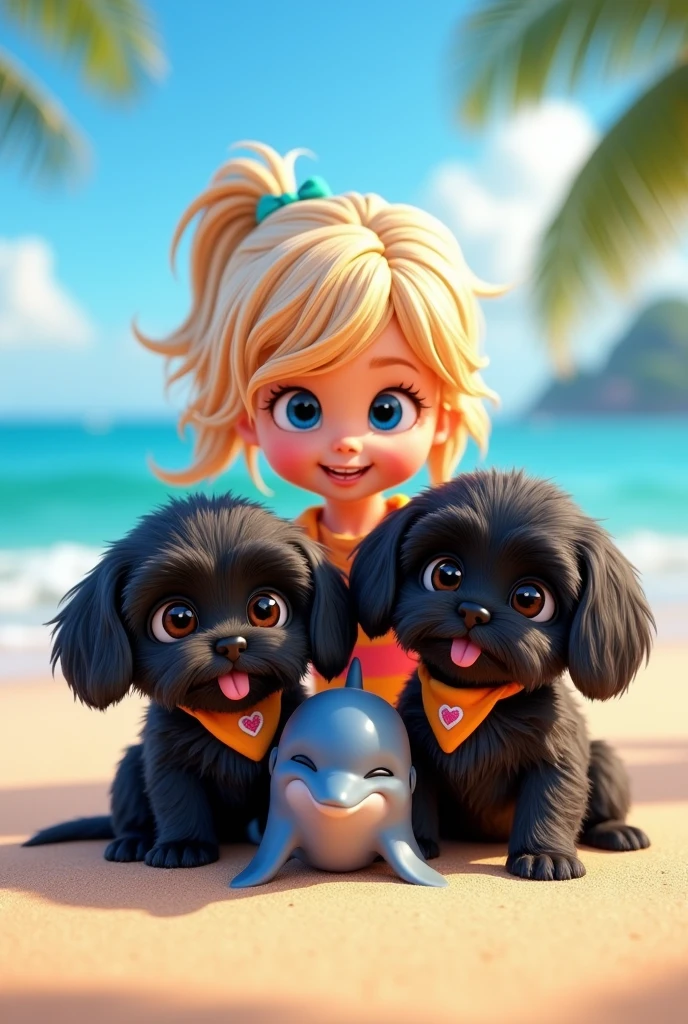 cute adorable 2 black shih tzu puppies, cute blonde girl, extremely detailed, big blue eyes, wearing colorful collar and bandana, playing with cute dolphin, 3D Pixar style, at beach, photorealistic, (best quality,8k,highres,masterpiece:1.2),ultra-detailed,(realistic:1.37),HDR,vivid colors,studio lighting