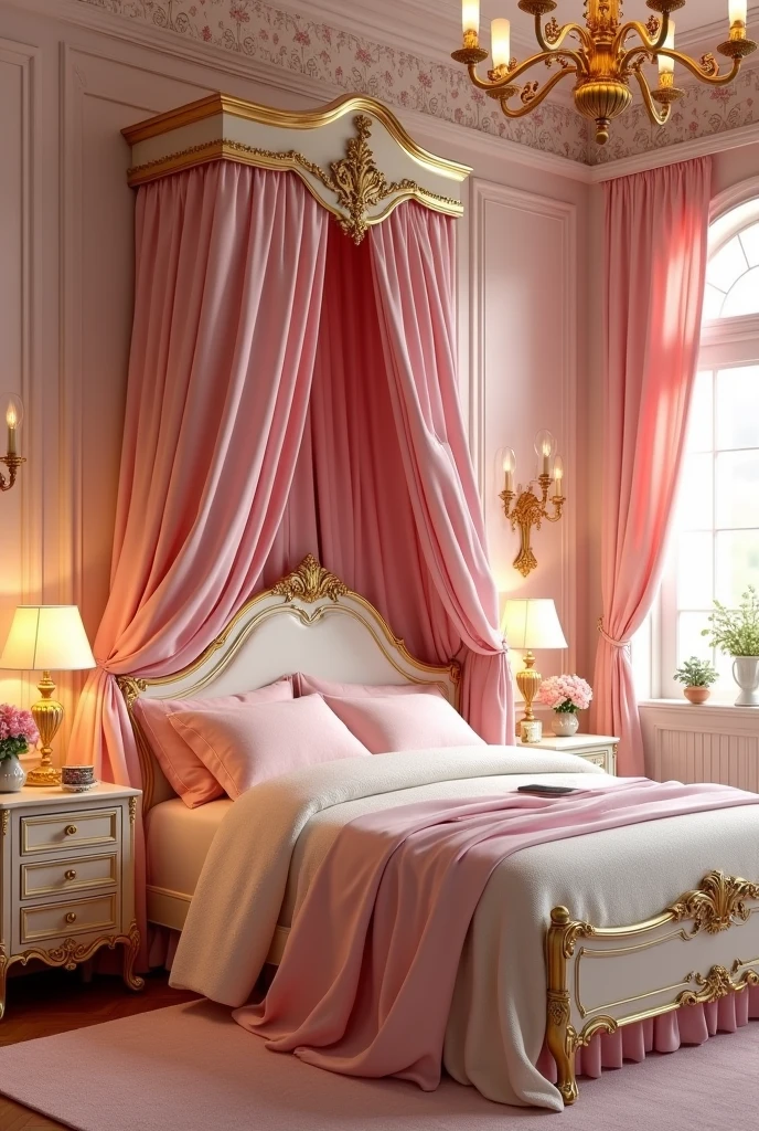 Ivory Gold,Cute pink gold room、princess bed,kawaii tech,Princess bed
