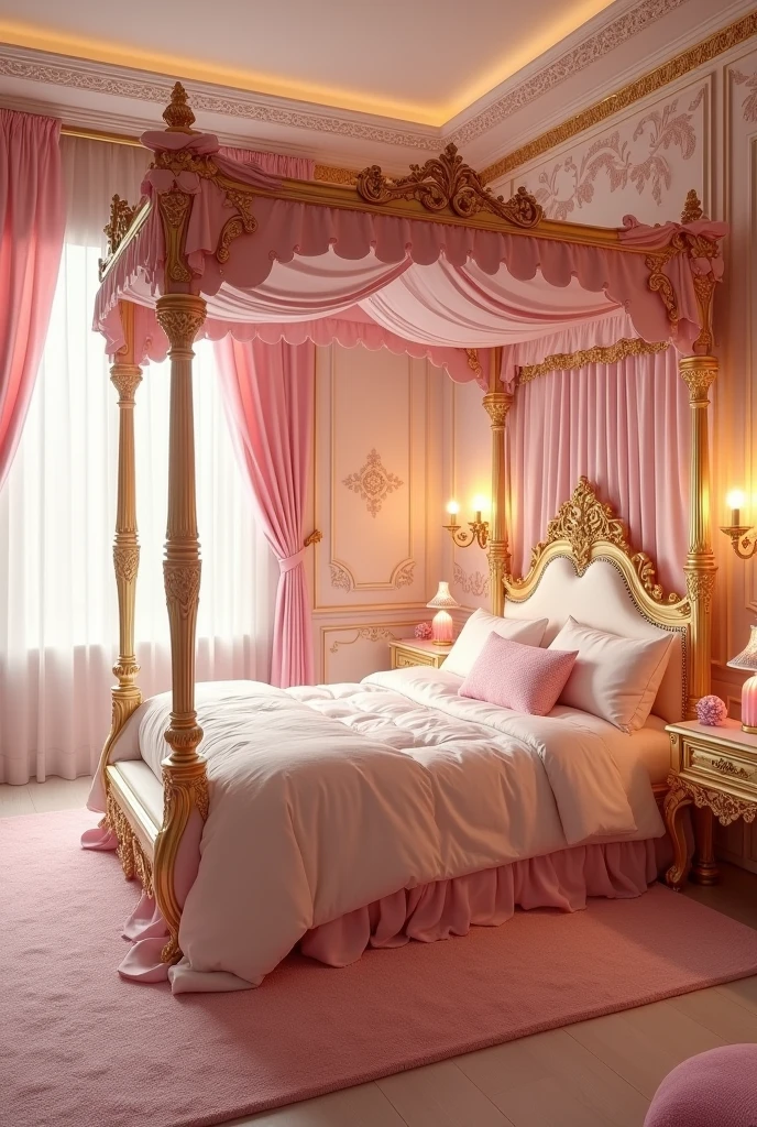Ivory Gold,Cute pink gold room、princess bed,kawaii tech,Princess bed