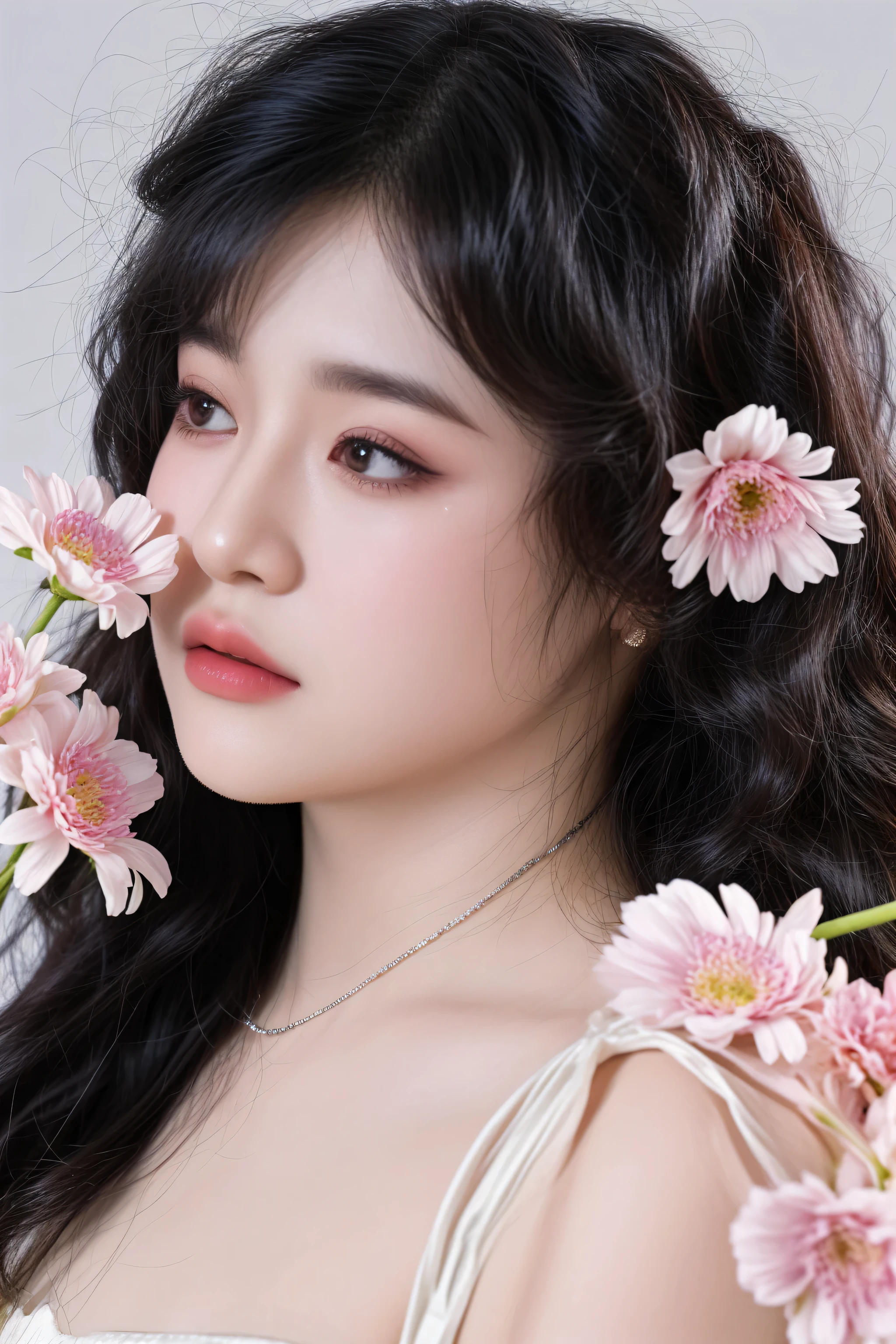 stunning beauty, Aesthetic, Oil painting style, thick coating, Women with incomparable style, Exquisite facial makeup, Black hair, long hair and waist, long eyelashes, Dark brown pupil eyes, exquisite nose, Lip balm, Inseparable strands, Beautiful posture, Graceful curves, Slender ideal type, Super special exaggerated huge breast weight, Bold, Elegant, Extravagant artistic acts, romanticism, (Fractal Art), Vibrant colors, Sunny glare smooth skin, Professional photo close-ups, Brutalist design, Explore Victoria's Secret, blush, flower petals, Vivid colors, The most beautiful chaotic shapes, Colorful, Colorful and magnificent, From above, from the front side