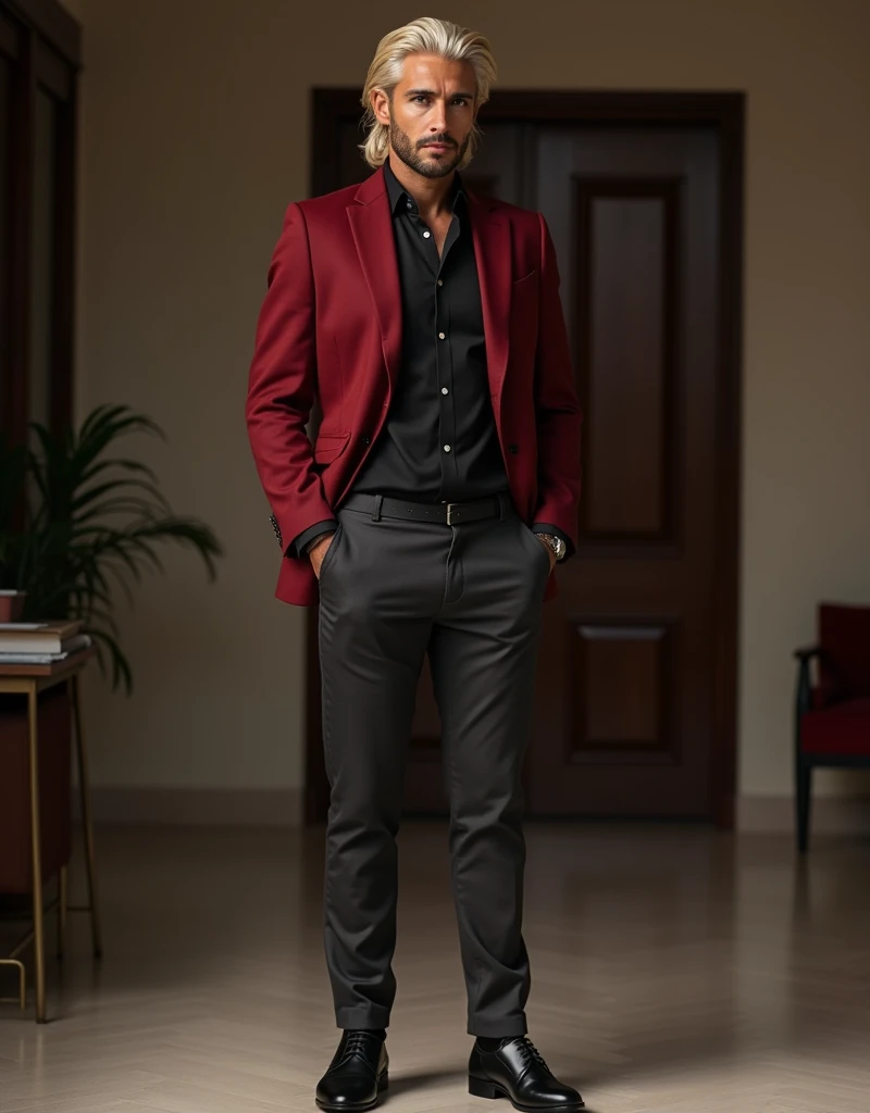 33-year-old Arabic-Egyptian man, towering at 216 cm, with dark skin, platinum blond short wavy swept-back hair, long black stubble, and a relaxed, confident demeanor. He has a lean, muscular build and wears a well-fitted black button-down shirt with a slight sheen, paired with dark grey or navy dress pants. He completes the look with a lightweight deep red wool blazer and polished black leather boots. His tall stature is imposing in the chic, modern setting, his shirt untucked, suggesting a more casual, introspective mood. Photorealistic, cinematic lighting, high resolution