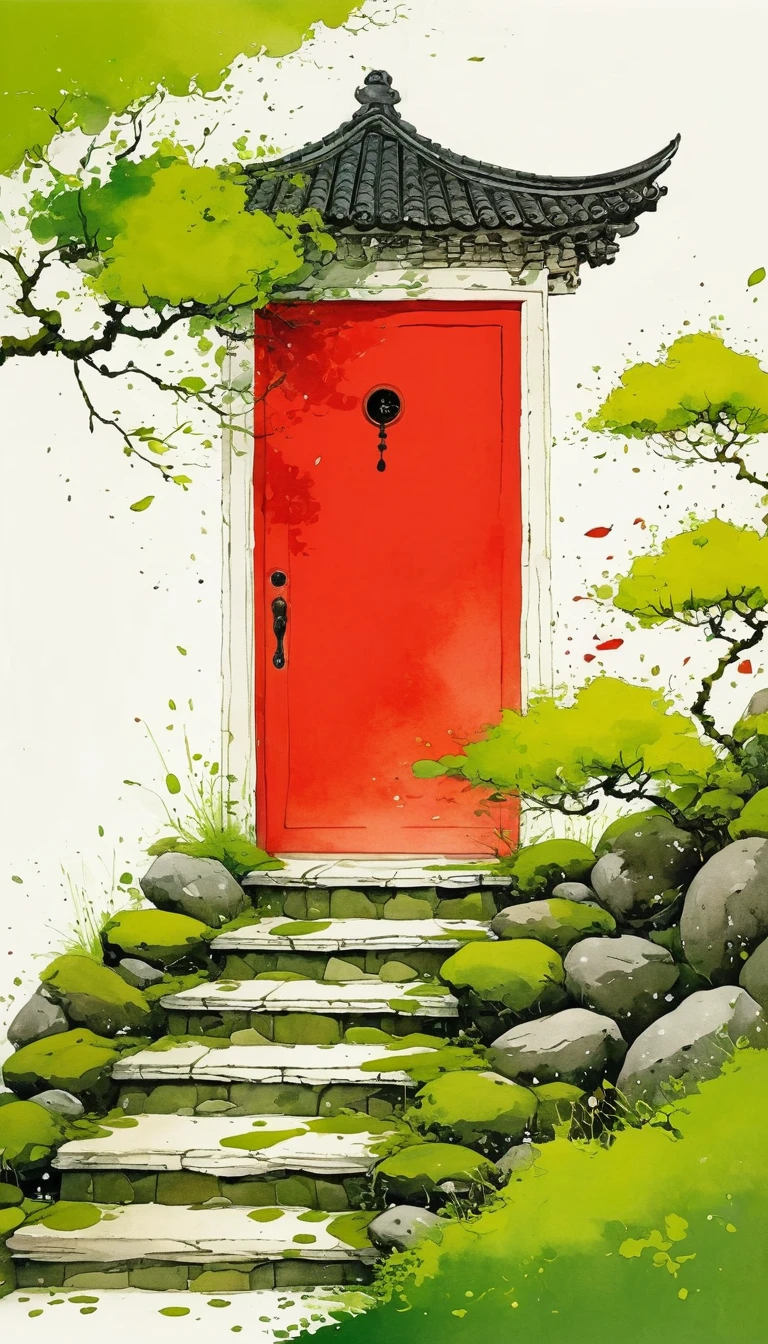 中国水墨画sketch:Light Ink,Lowercase,sketch,artistic conception,Long, moss-covered steps lead to a red door.,cloud,Minimalism,(((Negative Space,Bottom left composition)))