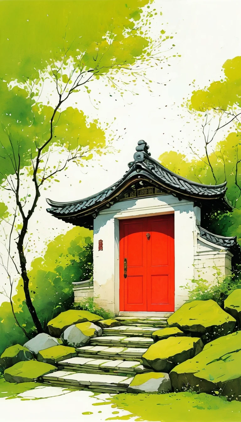 中国水墨画sketch：Light Ink，Lowercase，sketch，artistic conception，Long, moss-covered steps lead to a red door.，cloud，Minimalism，(((Negative Space,Bottom left composition)))