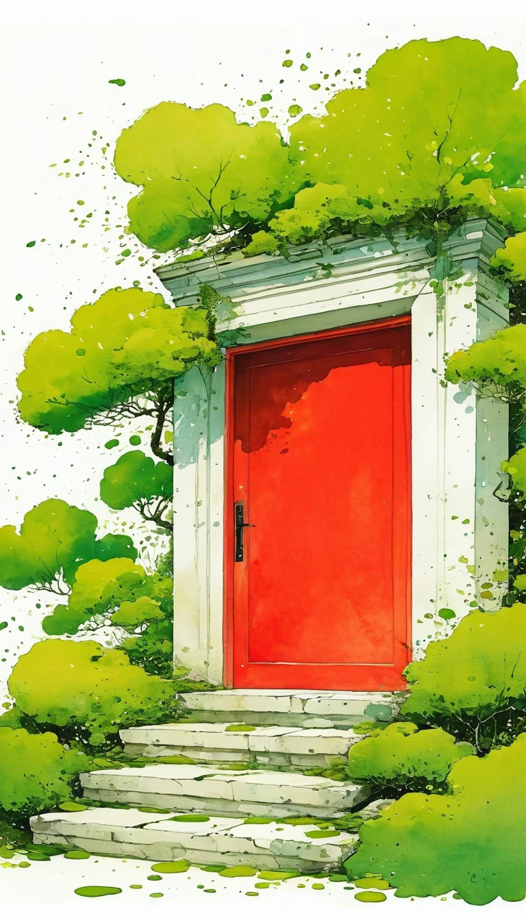 中国水墨画sketch:Light Ink,Lowercase,sketch,artistic conception,Long, moss-covered steps lead to a red door.,cloud,Minimalism,(((Negative Space,Bottom left composition)))