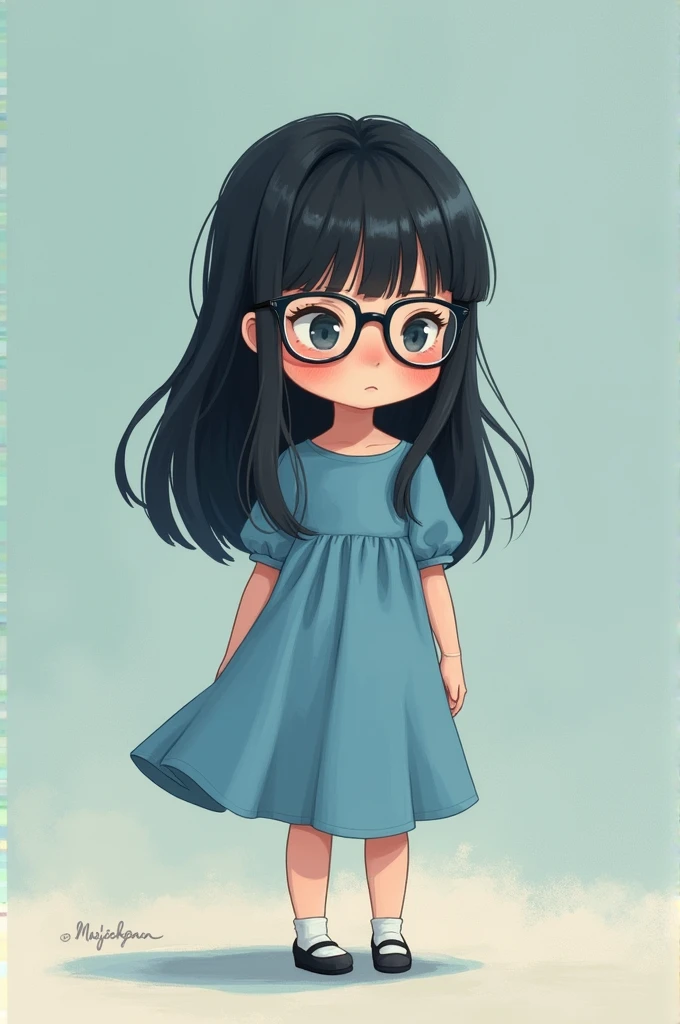 1 girl, short stature, height 1,5 , long black hair, glasses, shy, blushed, blue dress