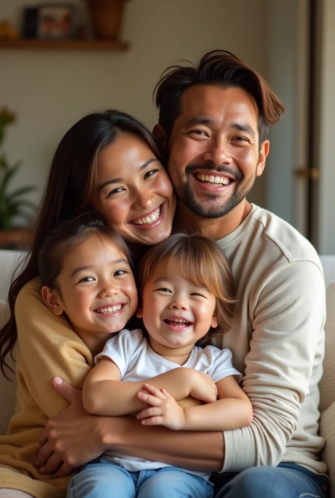 Create an image where father and mother laughing with son and daughter together