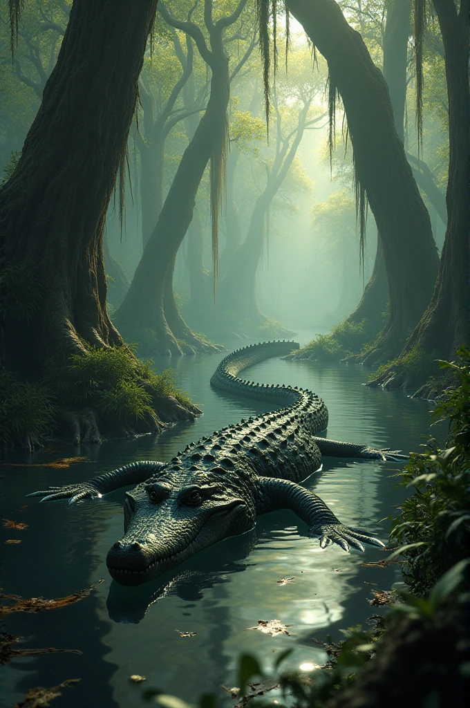 Depict crocodile and snake exploring the swamp together with crocodile swimming and snake slithering through the water discovering hidden treasures