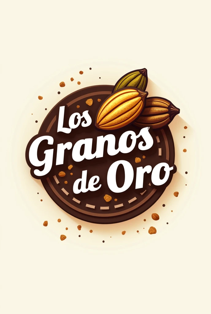 Create a logo for an artisanal chocolate shop with the name Los Granos de Oro where there are cocoa pods or cocoa seeds