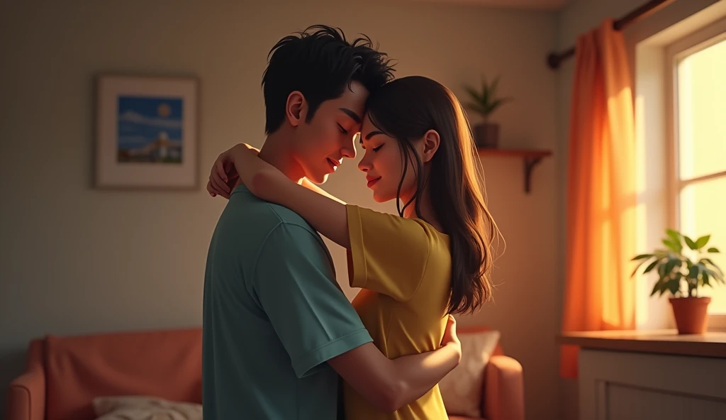 A young couple cuddles in a modest room,,The backdrop is simple furniture and warm lighting.,expressing their deep affection for each other and their uncomplaining acceptance of poverty.。