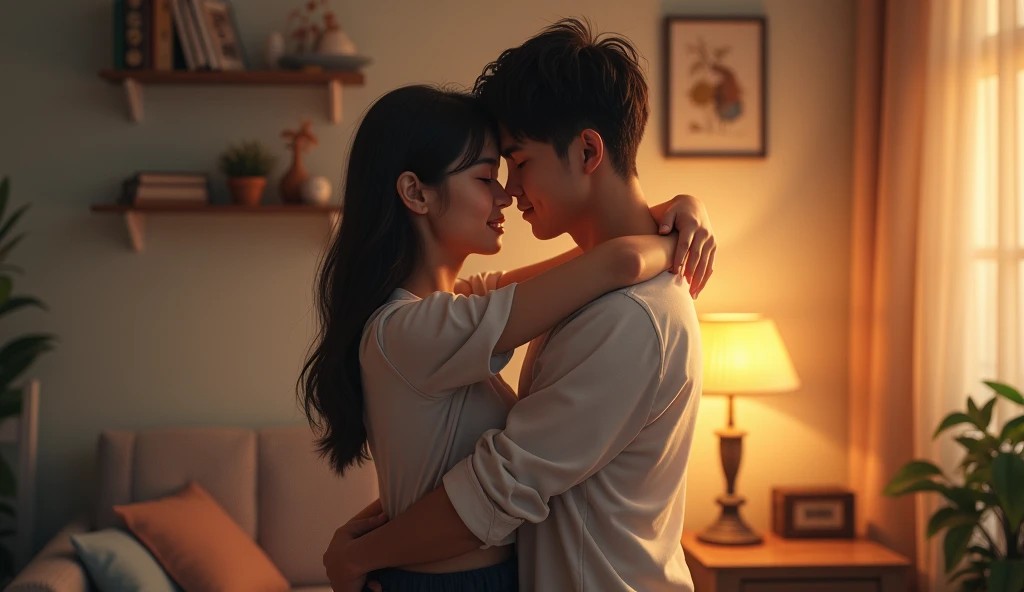 A young couple cuddles in a modest room,，The backdrop is simple furniture and warm lighting.，expressing their deep affection for each other and their uncomplaining acceptance of poverty.。