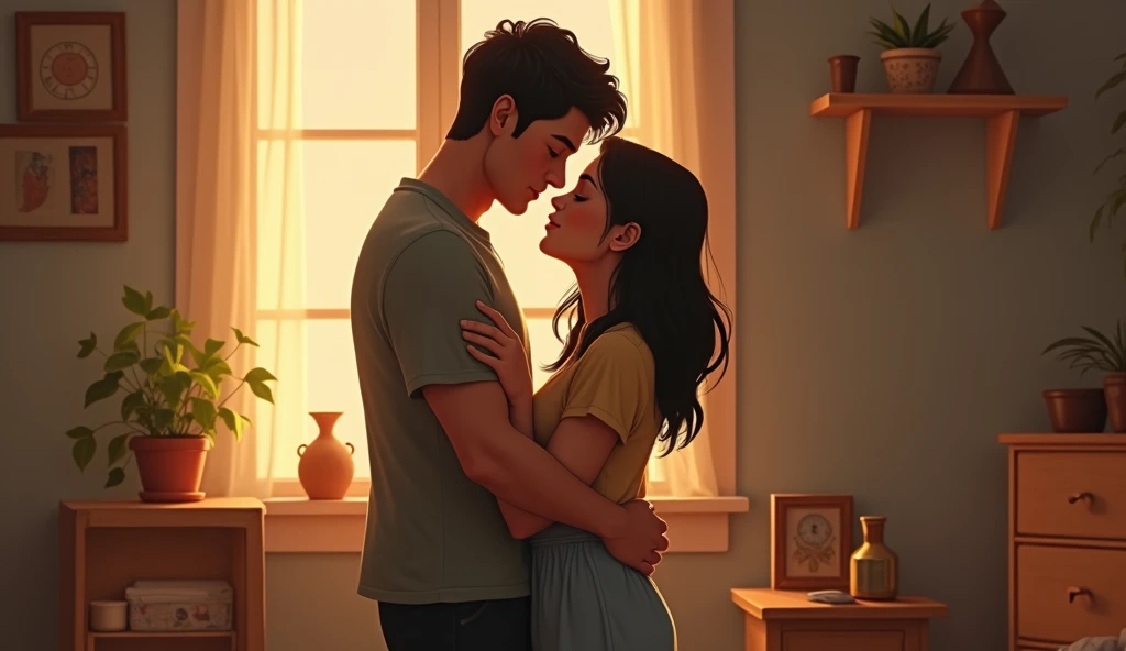 A young couple cuddles in a modest room,，The backdrop is simple furniture and warm lighting.，expressing their deep affection for each other and their uncomplaining acceptance of poverty.。