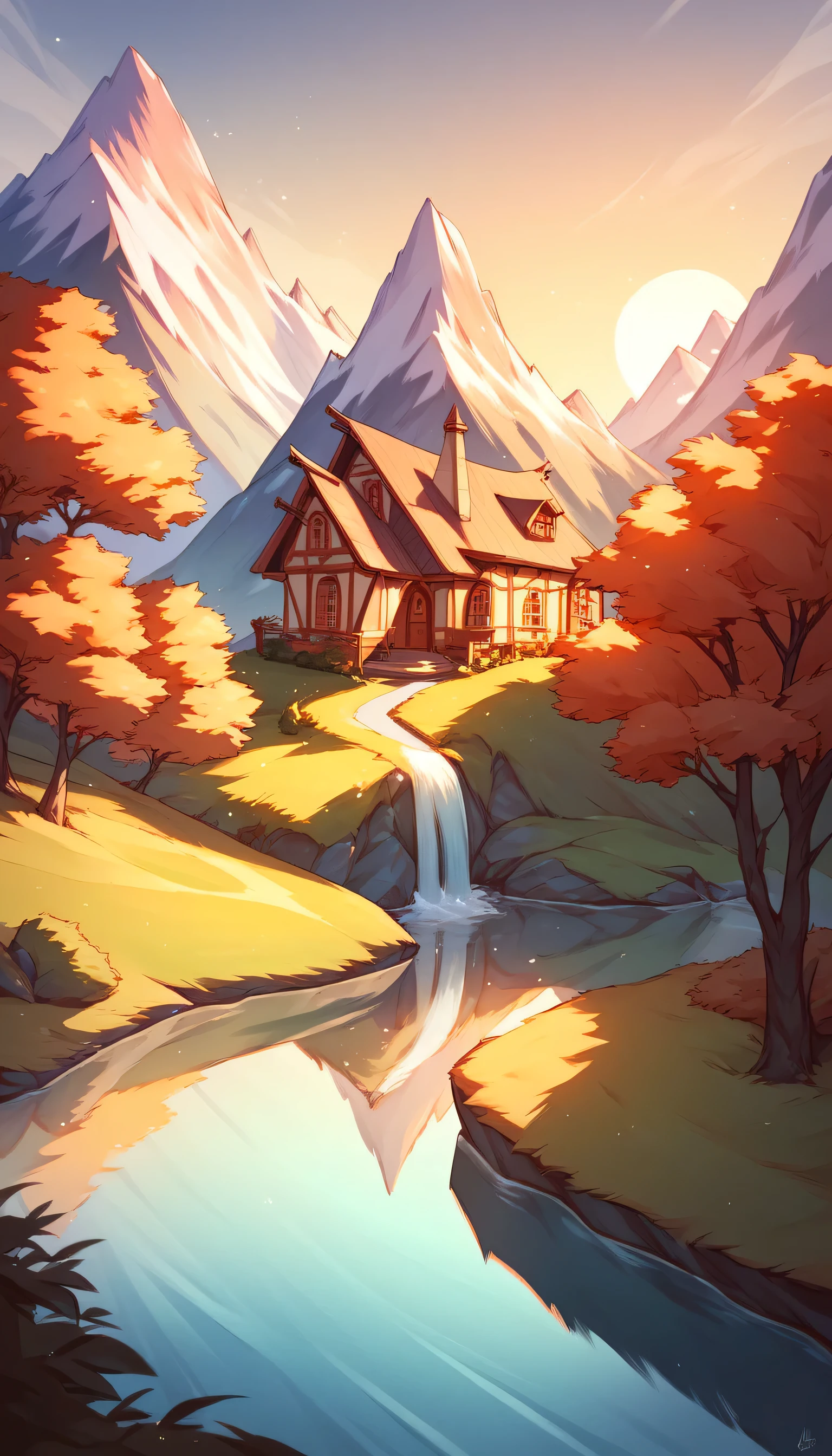 A beautiful House between the mountains , a river flowing near the house , and sun is going to dawn